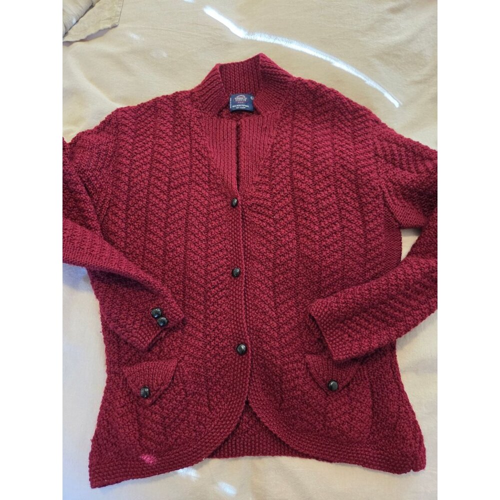 VTG Womens Red 100% Wool Shawl Cardigan Sweater L peplum chunky Academia classic - Picture 11 of 11